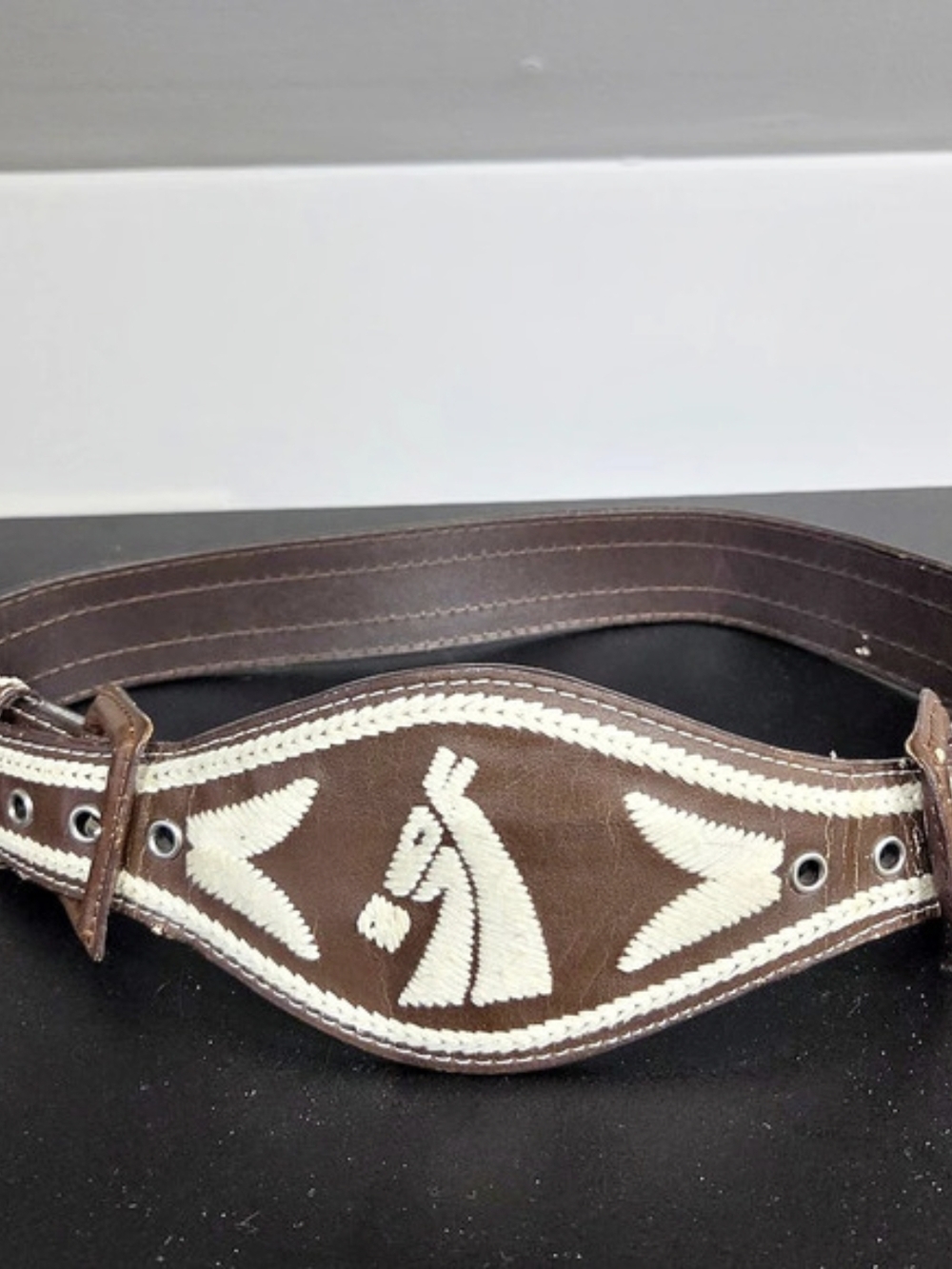 Faux Leather Brown Western Style Belt with White Horse Head Stitching Size S